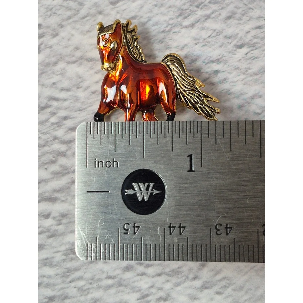 Vintage Enamel Horse Brooch Amber Gold Tone Equestrian Pin Accessory Glossy